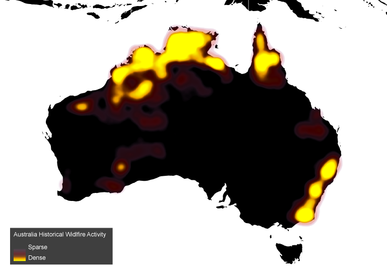 Heatmap Illustrating Historic Fire Intensity across Australia between 2016-2020